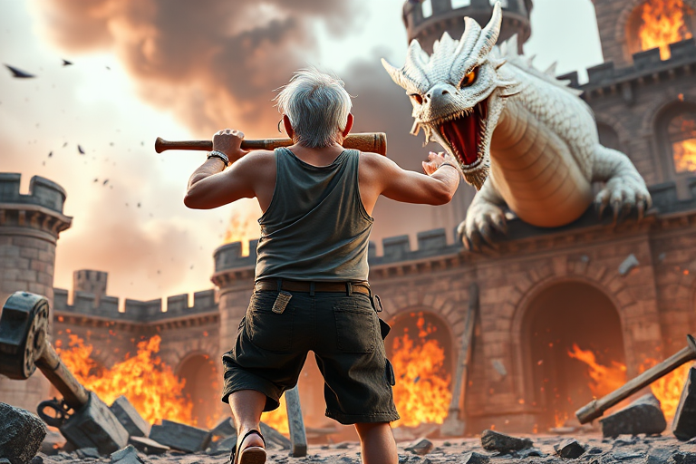 Cartoon 3D High-Resolution,dynamic battle scene using Unreal Engine 5 and Octane Render. The scene features back of an elderly, thai man with a beard,messy hair and round golden-rimmed glasses. He is wearing a tattered tank top with soot marks, shorts, and sandals. sweating. he wields a baseball bat. He jump to fight with a white fire-breathing Europe dragon amidst a partially destroyed stone castle. Include intense flames, smoke, and debris to enhance the dramatic effect.