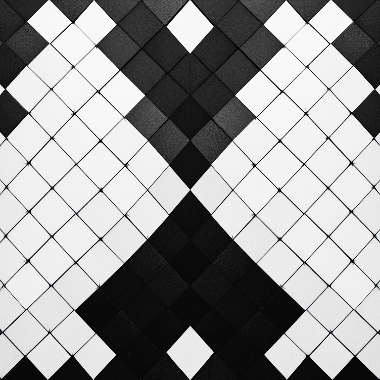 Create a high-resolution image of a black and white diamond pattern arranged in a grid format, using a DSLR camera with an aperture of f/8, ISO 200, 24mm focal length, and a top-down view with soft diffused lighting for even illumination.