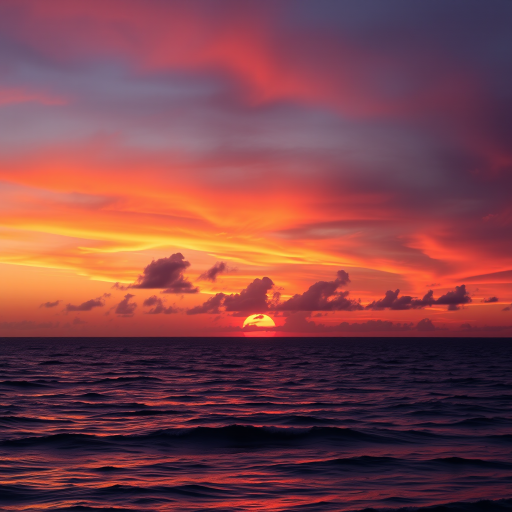 Capture a high-resolution image of a vibrant sunset over a calm ocean, with a wide-angle lens at f/11, ISO 100, 1/200 sec, using a DSLR camera, with natural colors and enhanced contrast.