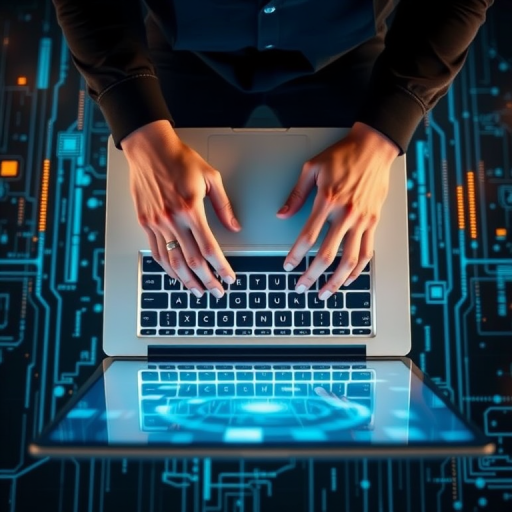 top-down view of a person typing on a laptop with a futuristic digital background, aperture f/2.8, ISO 100, shutter speed 1/125s, shot with a DSLR camera, wide-angle lens, high-resolution image quality