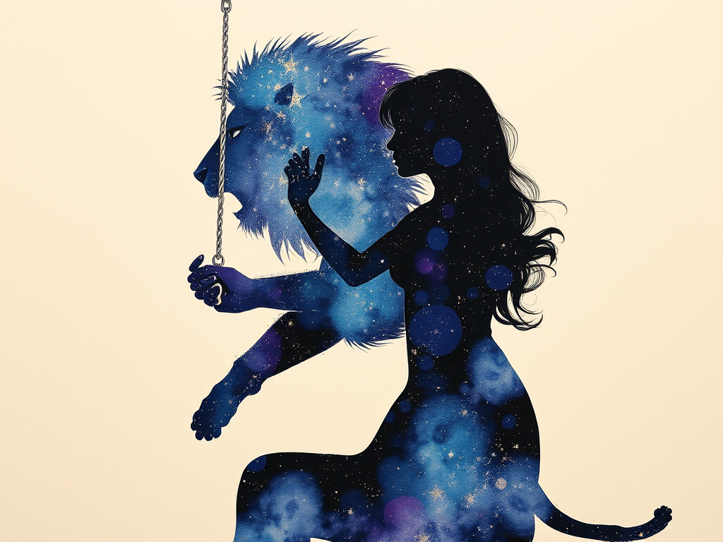 Captivating conceptual render alcohol ink art, double exposure, the paint strokes artfully merge combining a woman's full silhouette with a Swinging monkey's silhouette. The figures are composed of a series of colored dots, lines & spots that evoke the image of a cosmic galaxy, colors are deep shades of blue purple & black with flashes of white & silver representing distant stars. The woman's silhouette is formed within the lion's silhouette from constellations of scattered stars, surreal