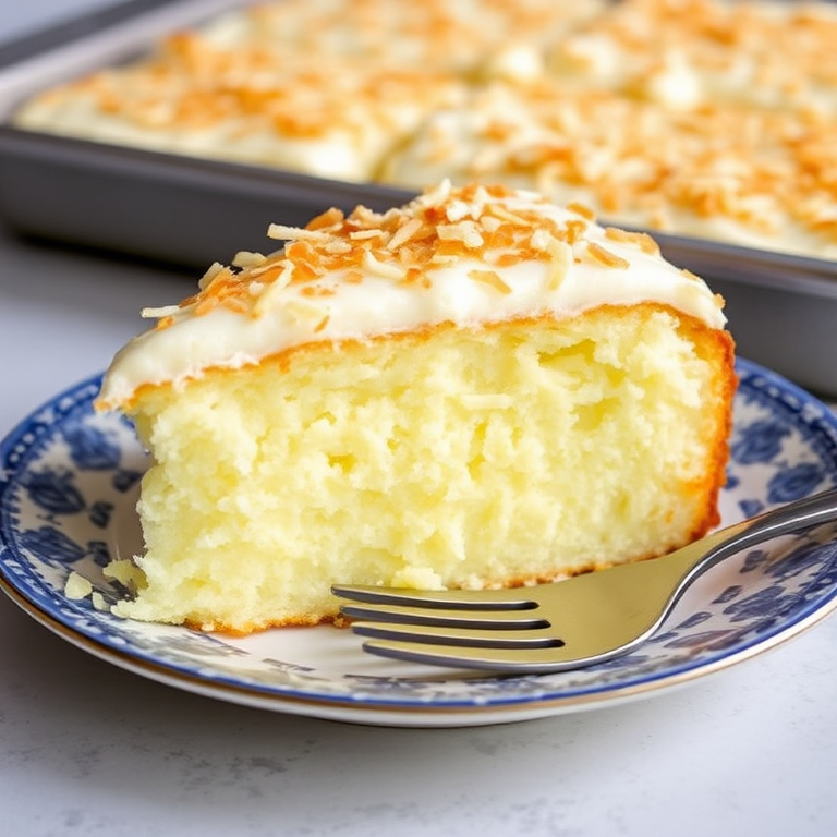 A close-up image of a slice of moist coconut cake with a golden brown topping served on a decorative blue and white plate with a fork beside it, with a tray of the cake in the background.
