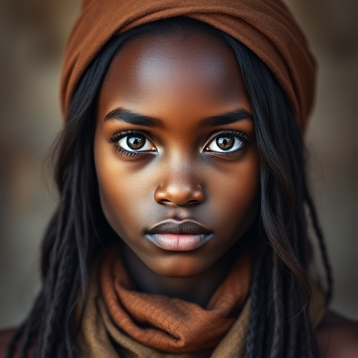 Create a portrait of a young Zulu female with long, dark hair and captivating hazel eyes. She is wearing a brown headscarf and a matching scarf draped gracefully around her neck. The background is softly blurred, focusing attention on her serene and natural expression. The overall color palette is muted and warm, enhancing the intimate and authentic feel of the portrait.