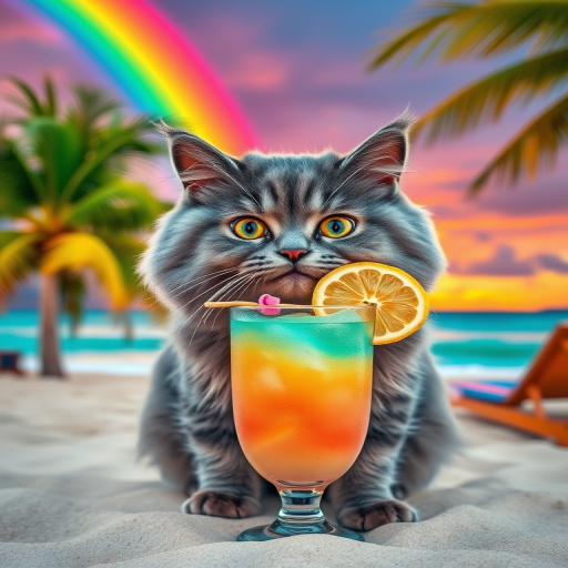 A colorful tropical beach scene featuring a fluffy gray cat sipping a rainbow drink with a lemon slice, vibrant sunset, lush palm trees, and a rainbow in the background, captured with a Canon EOS R5, 50mm f/1.2 lens, HDR settings, high saturation, shallow depth of field.