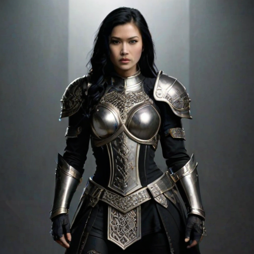 Create a photo of a fierce female warrior with long black hair, wearing an ornate, metallic armor. The armor includes a breastplate with intricate designs, shoulder guards, and gauntlets. The breastplate is decorated with a central emblem, possibly representing a mythical symbol, and has a sculpted, form-fitting design. She wears a belt with a large skull ornament at the center, and her armor extends into a partial skirt, revealing one leg. The overall look is both protective and stylish, with a dark, gothic aesthetic. The background is dimly lit, suggesting a medieval or fantasy setting, enhancing the warrior's imposing presence and intense expression.