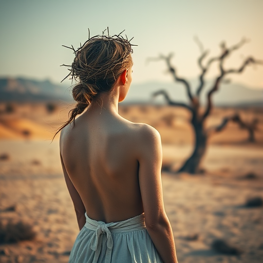 Create a surreal landscape featuring a woman with a crown of thorns, facing away with her back exposed, set in a desolate desert with a twisted tree and distant mountains, dramatic lighting, soft focus, DSLR camera, 50mm lens, f/1.8, ISO 100, high dynamic range.