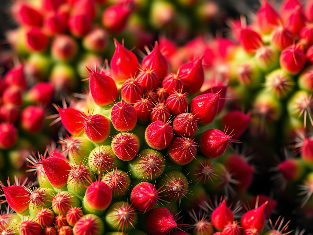 capture a close-up of vibrant cacti with sharp details and rich colors at f/2.8, ISO 100, 1/250s, using a macro lens, natural light, high dynamic range, DSLR camera