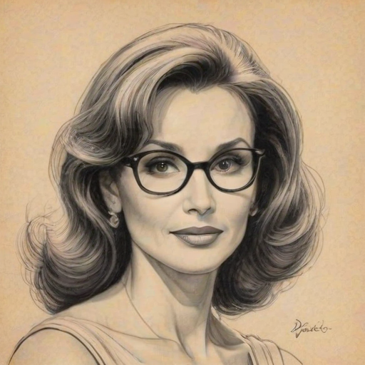 Sublime Susan Lucci, pencil sketch, portrait of Comely woman 1931s in glasses, hair style beatnik, outline, clear lines, fine lines, 8k