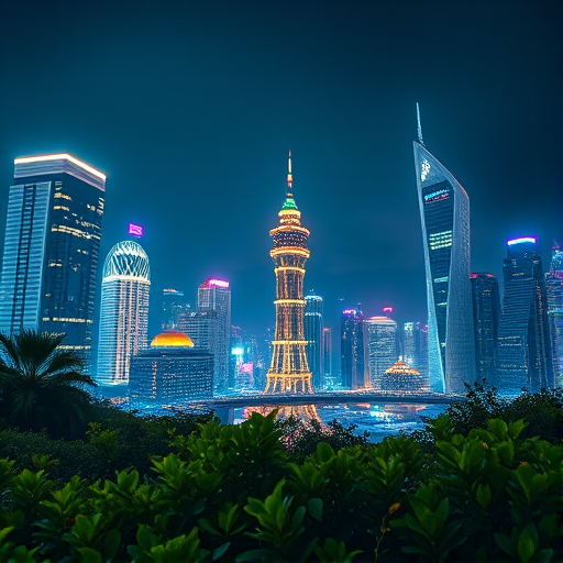 futuristic cityscape at night with glowing buildings and lush greenery in the foreground, shot with a Canon EOS R5, 24mm f/1.4 lens, ISO 800, aperture f/2.8, 30-second exposure, capturing vibrant neon lights and depth of field for enhanced detail and clarity