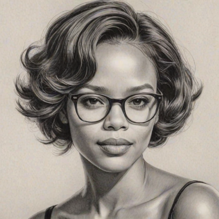 Attractive Carmen Ejogo, pencil sketch, portrait of Alluring woman 1961s in glasses, hair style beatnik, outline, clear lines, fine lines, 8k