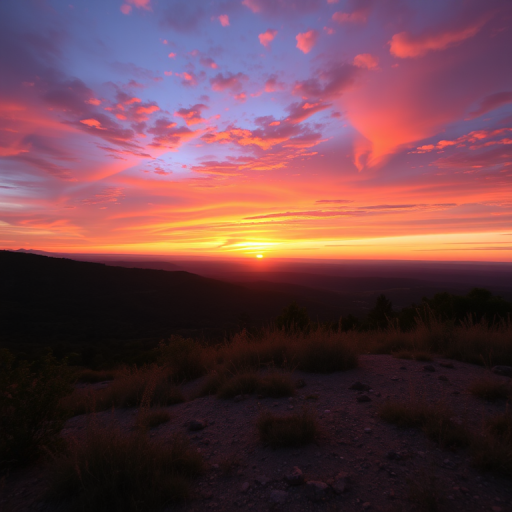 Generate a high-resolution image of a serene landscape at sunset with vibrant colors, using a DSLR camera with a 35mm lens, aperture set to f/8, ISO 100, shutter speed 1/200s, shot in RAW format for enhanced details, wide-angle view to capture the expansive sky and distant hills.