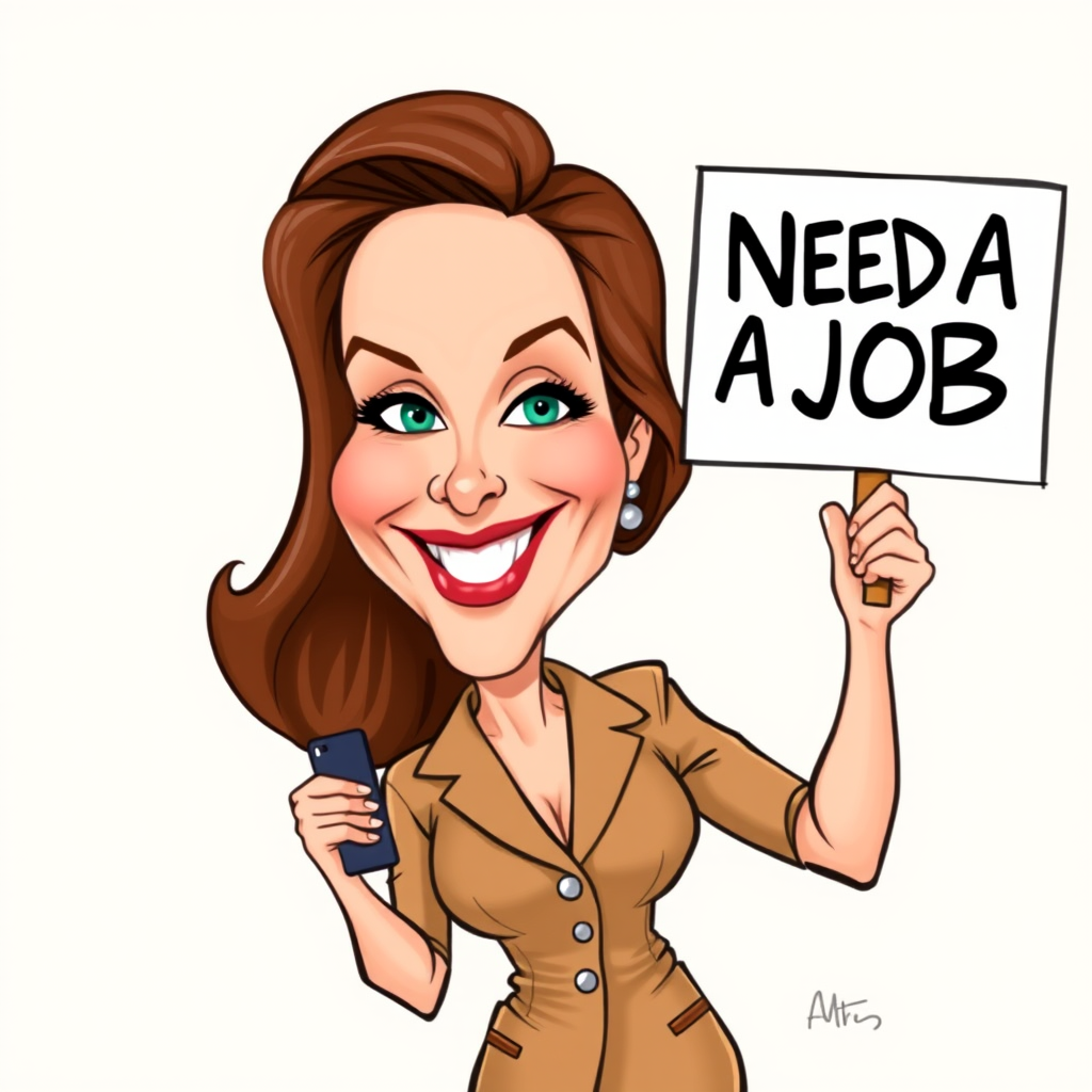 caricature of a smiling Julianne Moore in a Tan dress or suit, holding up a sign that says "NEED A JOB", no watermark,