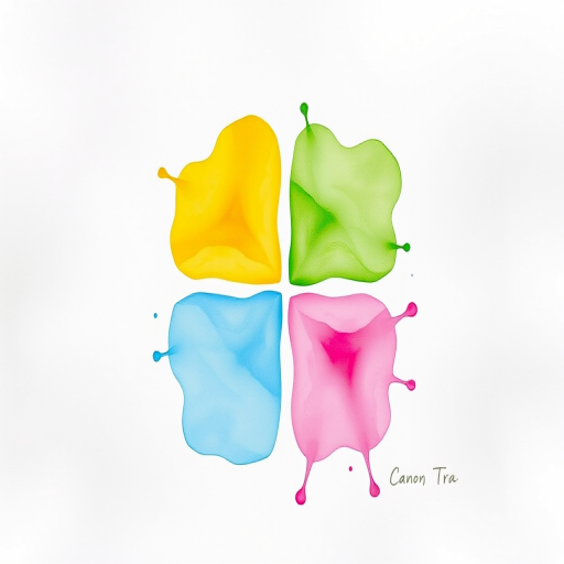 Create a high-resolution watercolor splash image featuring four distinct shapes with vibrant colors including yellow, green, blue, and pink, using a Canon EOS R camera with an aperture of f/4, a shutter speed of 1/200 sec, and a focal length of 50mm, captured from a top-down view with natural lighting.