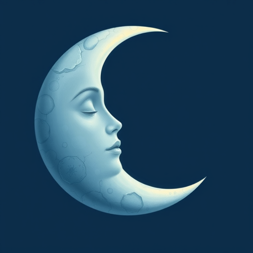 A detailed illustration of a crescent moon with a serene female face, emphasizing the moon's texture and craters, soft blue tones, captured with a Canon EOS R5, 50mm lens, f/2.8 aperture, ISO 100, shot in natural lighting for a smooth and ethereal look.