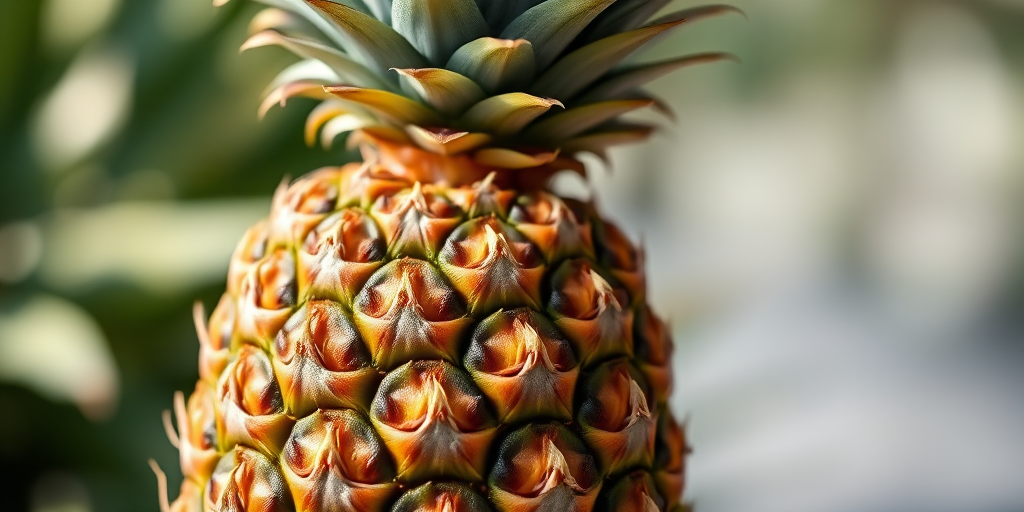 Pineapple with detailed texture, soft focus background, natural light, 85mm lens, f/2.8 aperture, 1/125 sec shutter speed, DSLR camera.