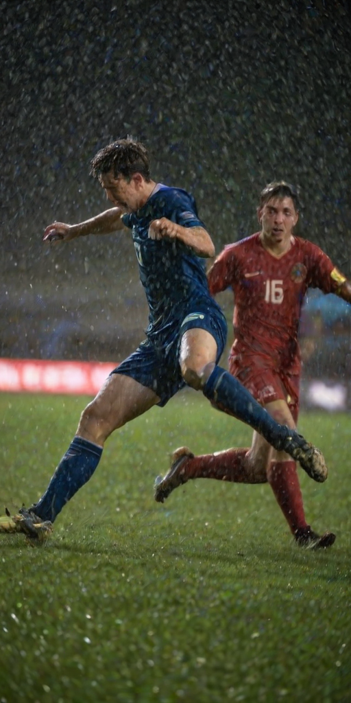 Blurry action shot of a soccer player sliding into a tackle on a rain-soaked field, water droplets flying through the air, with soft stadium lights reflecting off the wet grass and distant teammates watching from the sidelines.