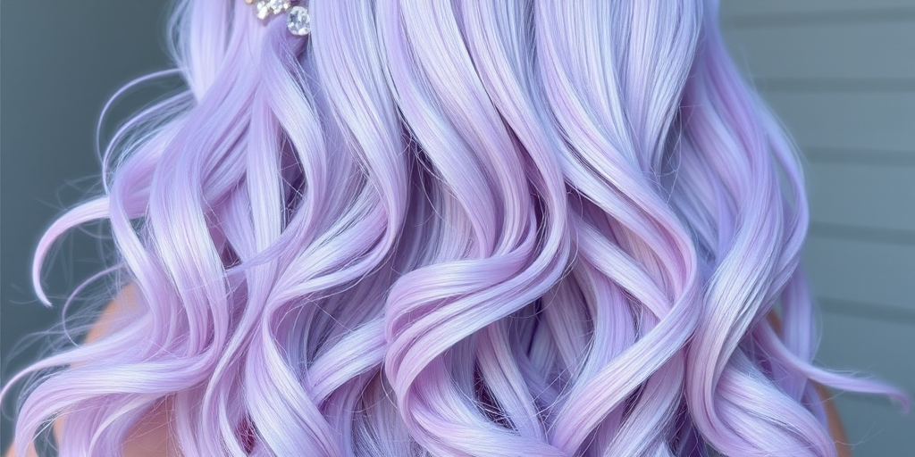 Ethereal pastel lavender mermaid waves called "Moonlit Cascade" cascading down to the waist, shimmering with iridescent undertones and adorned with delicate crystal hair pins
