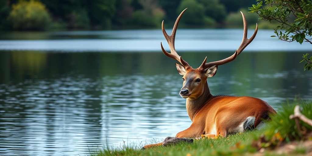 A majestic deer resting with prominent antlers beside a tranquil lake surrounded by greenery, captured with a DSLR camera at f/2.8, ISO 100, 1/250s, in soft, natural light, with a shallow depth of field to enhance details and blur the background.