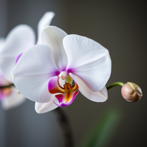 Generate a high-resolution, close-up image of a white orchid flower with delicate pink accents, using a DSLR camera set to f/2.8, ISO 100, and a shutter speed of 1/200s; focus on the intricate details of the petals and leaves against a softly blurred background for a natural look.