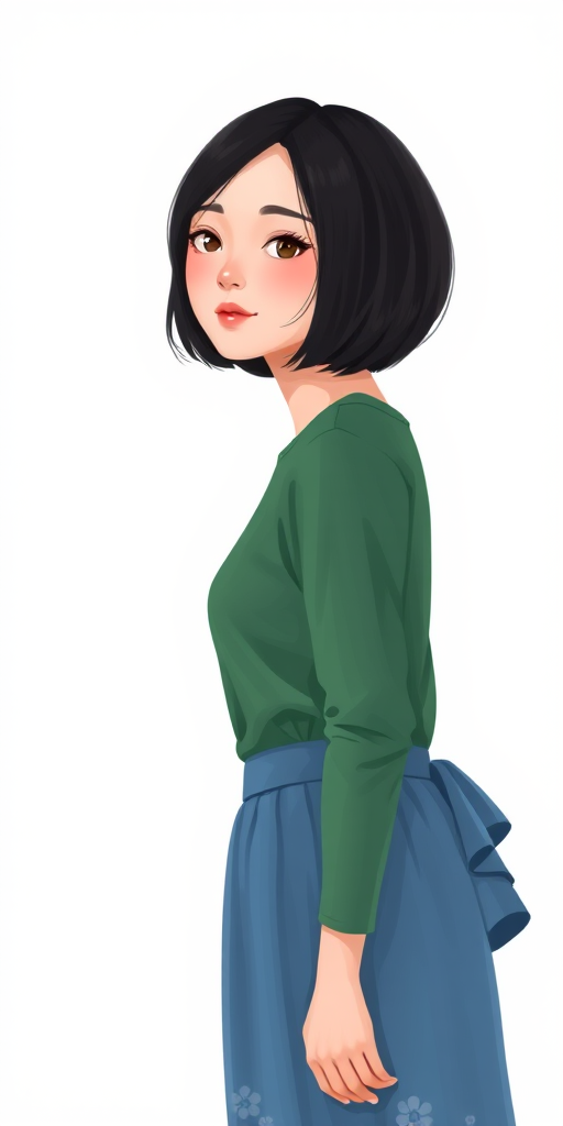 generate a detailed digital illustration of a young woman with short black hair wearing a green long-sleeve top and a blue skirt with a floral pattern, in a minimalist style, soft lighting, shot with a Canon EOS R5, 50mm f/1.8 lens, ISO 100, aperture f/2.8, centered composition, smooth bokeh background