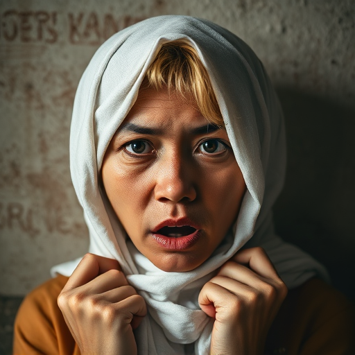 Create a close-up photographic image of a Nepali woman with light skin tones shown against an old, worn wall. Their head is wrapped in a white cloth covering (i.e.... parts of the head except the nose and mouth, which are open as if they are screaming...), with a slight texture and visible folds in the fabric. Thin strands of blonde hair escape from the wrapping above, falling lightly at the top and sides. Their hands hold the fabric as if they are tugging nervously. The lighting is dramatic and even, casting strong shadows. The image has a minimalist and surreal style with an emphasis on simplicity with soft color tones. The composition is centered.