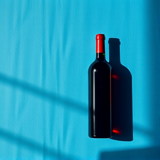 Generate an artistic image of a wine bottle casting a shadow that forms a human profile on a textured blue background, use a Canon EOS 5D Mark IV with a 50mm f/1.8 lens at f/2.8, ISO 100, shutter speed 1/125s, captured in soft natural light for enhanced clarity and depth.