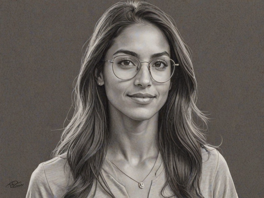 Delightful Allison Stokke, pencil sketch, portrait of Resplendent woman 1974s in glasses, hair style beatnik, outline, clear lines, fine lines, 8k