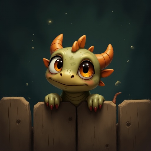 A small, scruffy cartoon-like dragon peers over a wooden fence with wide, expressive amber eyes, giving it an endearing look. The dark, muted background with streaks of faded color adds to the atmosphere of vulnerability and longing. The dragon's oversized eyes, full of emotion, draw the viewer in, evoking a sense of empathy and tenderness. Flecks of light and small bits of debris gently float through the scene, creating a soft, melancholic mood as the dragon waits patiently for comfort.