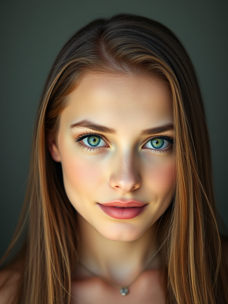 regenerate the image of a young woman with long brown hair and bright green eyes, using a soft lighting setup, 50mm lens, f/1.8 aperture, ISO 100, portrait mode, low-key background for enhanced depth and focus on the subject.