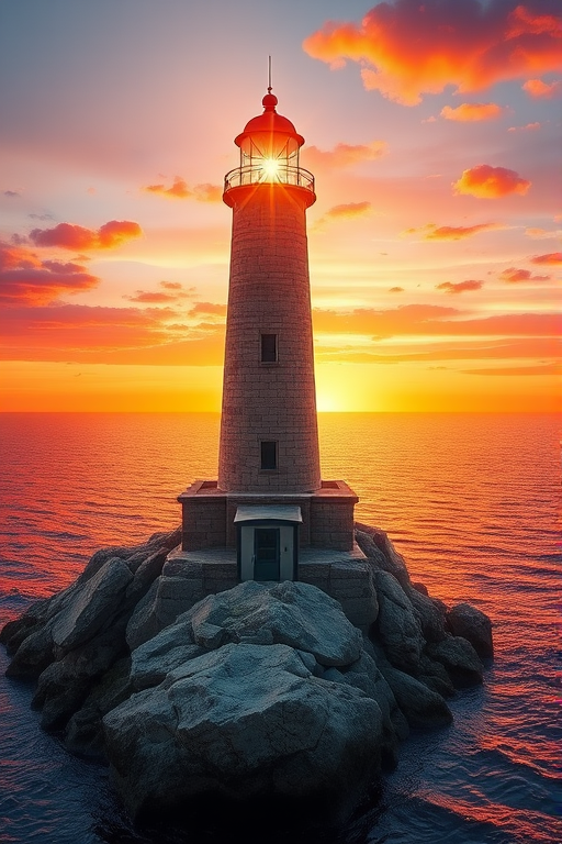 Generate an image of a tall lighthouse perched on a rocky outcrop surrounded by calm ocean waters during a breathtaking sunset. The lighthouse stands sturdy and weathered, its stone surface illuminated by the warm golden light of the setting sun. The sun's rays pass directly through the glass lantern room at the top of the lighthouse, casting a brilliant light across the scene. The sky is painted with vibrant shades of orange, pink, and purple, reflecting off the tranquil sea. The surrounding water shimmers with the same warm hues, creating a serene and majestic atmosphere.