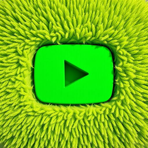 Generate a vibrant green YouTube play button with a textured, furry surface, using a Canon EOS R5 camera at f/2.8, ISO 100, and a 50mm lens, shot in natural lighting from a slightly elevated angle to enhance depth and detail.