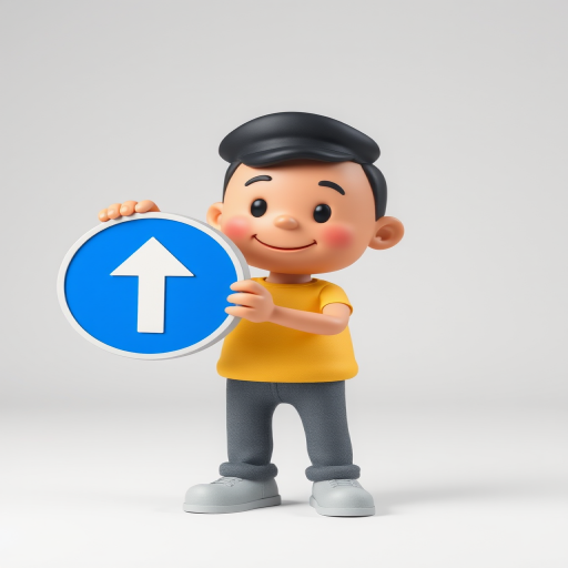 Generate an image of a 3D cartoon character holding a circular blue road sign with an upward arrow, using a Canon EOS R5 camera with a 50mm lens, aperture set to f/2.8, ISO 100, in a studio setting with soft lighting to enhance image quality.