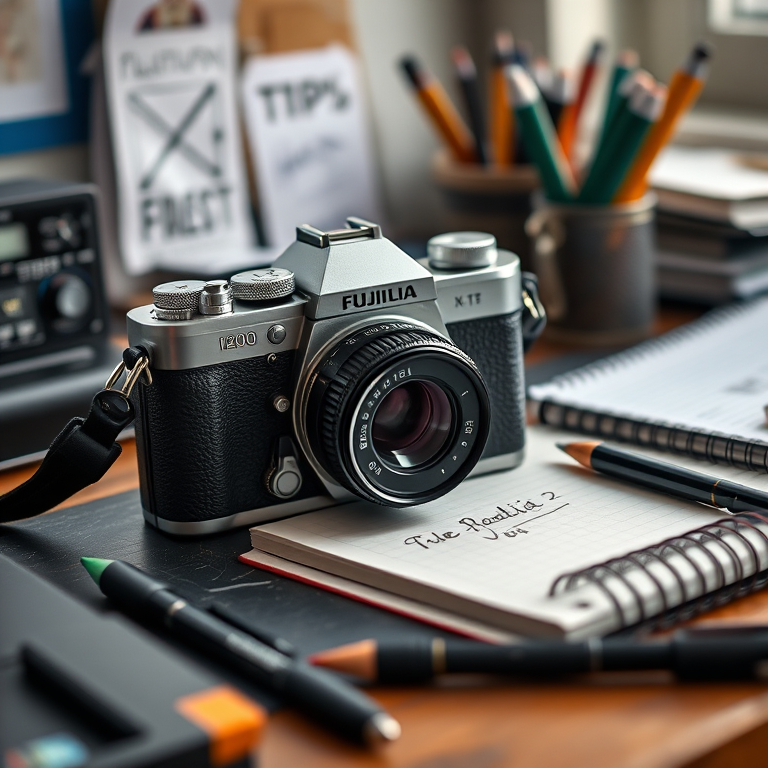 photograph a stylish vintage camera on a cluttered desk with pens and a notebook, using a shallow depth of field, 50mm lens, f/1.8 aperture, ISO 200, 1/60s shutter speed, natural light from a nearby window, Fuji X-T10 camera, focus on the camera with a slightly blurred background for enhanced image quality