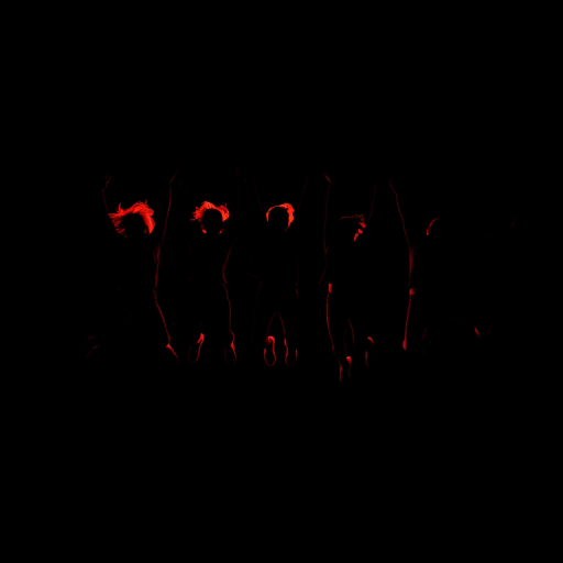 capture a vibrant silhouette of a group of five people jumping joyfully against a black background, using a DSLR camera with a wide-angle lens at f/4, ISO 100, shutter speed 1/250s, in landscape orientation for enhanced quality and depth