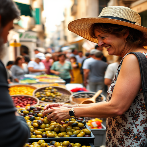 Bustling street market in the heart of a Mediterranean town, a woman carefully selects olives from a stall, her sunhat casting a shadow over her face as she smiles at the vendor.