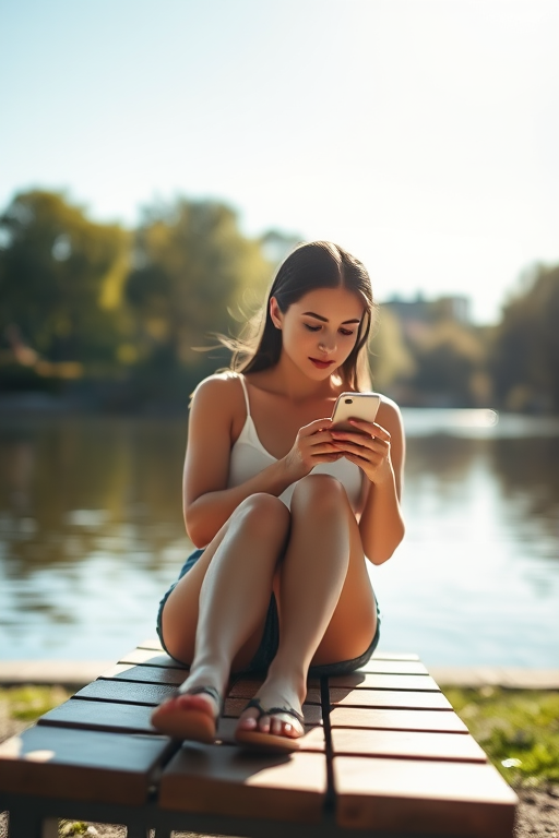 female sitting on a bench by a lake using a smartphone, bright sunlight, shallow depth of field, 50mm lens, f/2.8 aperture, ISO 100, captured with a DSLR camera from a low angle to emphasize the subject and background greenery