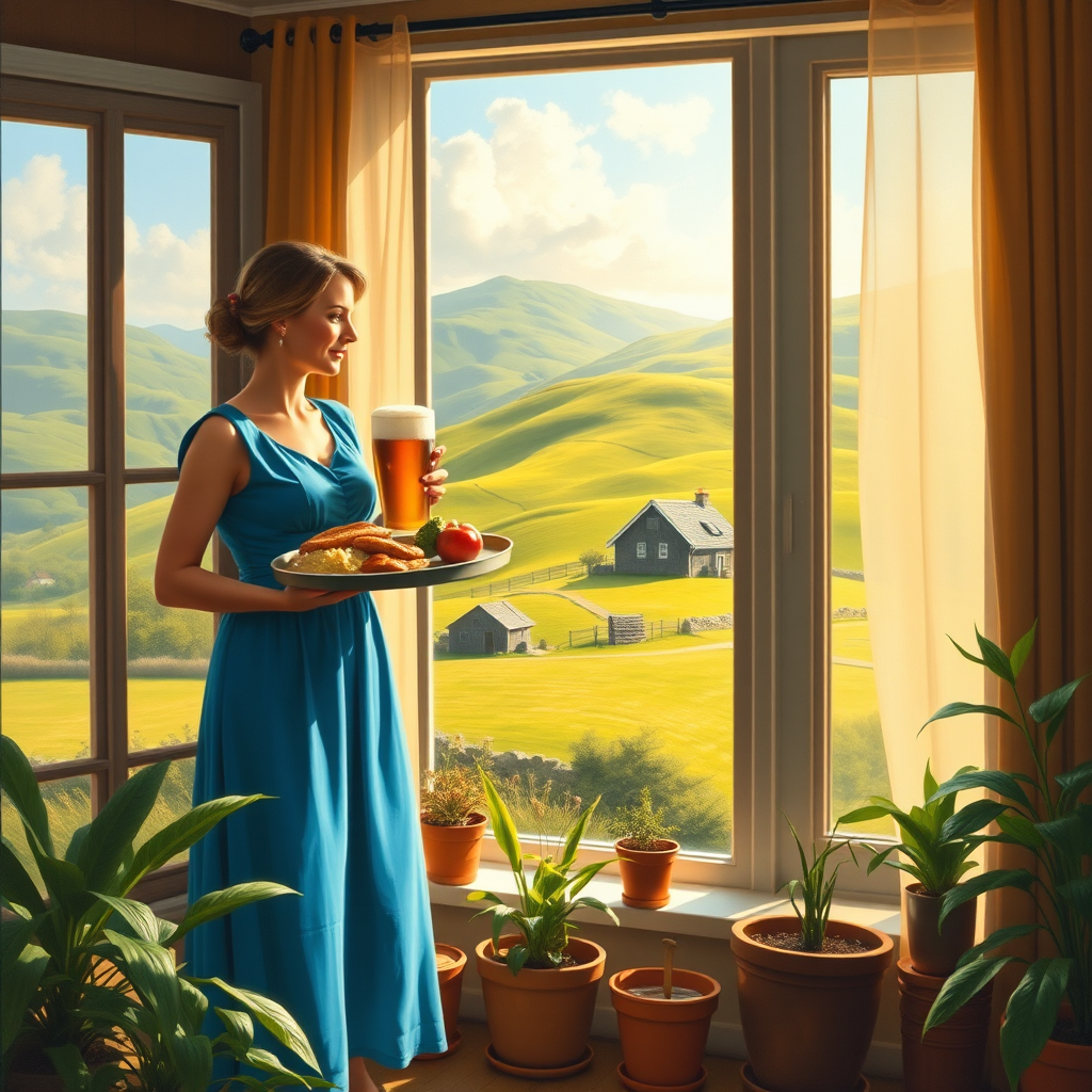 In "A Glass of Beer on the Highland," a serene scene is depicted in a sunlit room where a woman in a vibrant blue dress stands by a large window. She holds a tray with a hearty meal and a frothy glass of beer, embodying a moment of relaxation. Outside, the breathtaking highland landscape features rolling green hills and a charming traditional house, all bathed in warm afternoon light. The interior is adorned with potted plants, creating a harmonious blend of comfort and nature. The painting beautifully captures the tranquility and joy found in simple pleasures amidst stunning scenery
