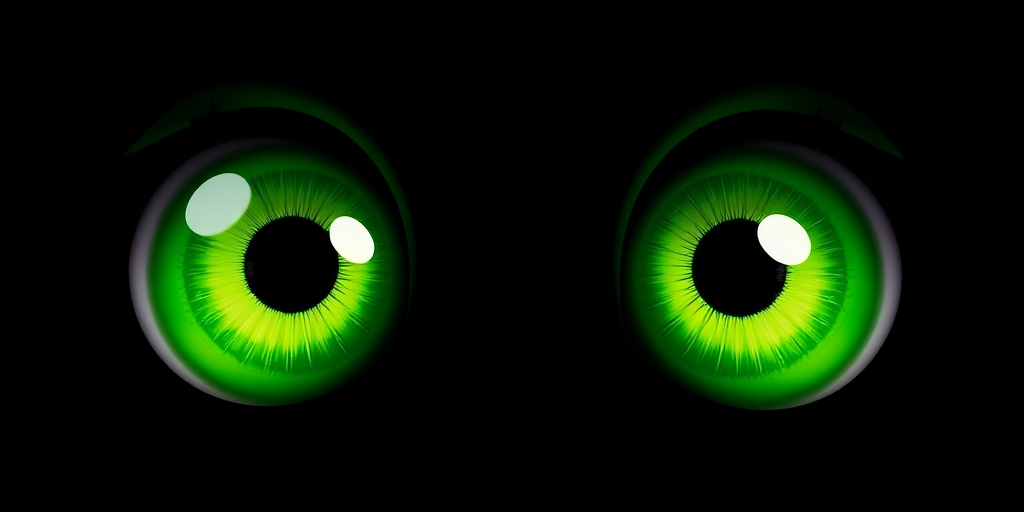Create a highly detailed close-up of vivid green cartoon eyes with a glossy finish, set against a solid black background; use a DSLR camera with a 50mm lens at f/1.8, ISO 100, and a shutter speed of 1/200s, with natural lighting to enhance colors and depth.