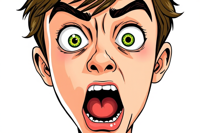Create a detailed illustration of a face with exaggerated features such as large eyes and a wide open mouth, emphasizing an expression of surprise or shock, use a DSLR camera with a 50mm lens, aperture set to f/1.8 for a shallow depth of field, ISO 100 for clarity, with soft natural lighting and a slightly elevated angle for a dynamic perspective.