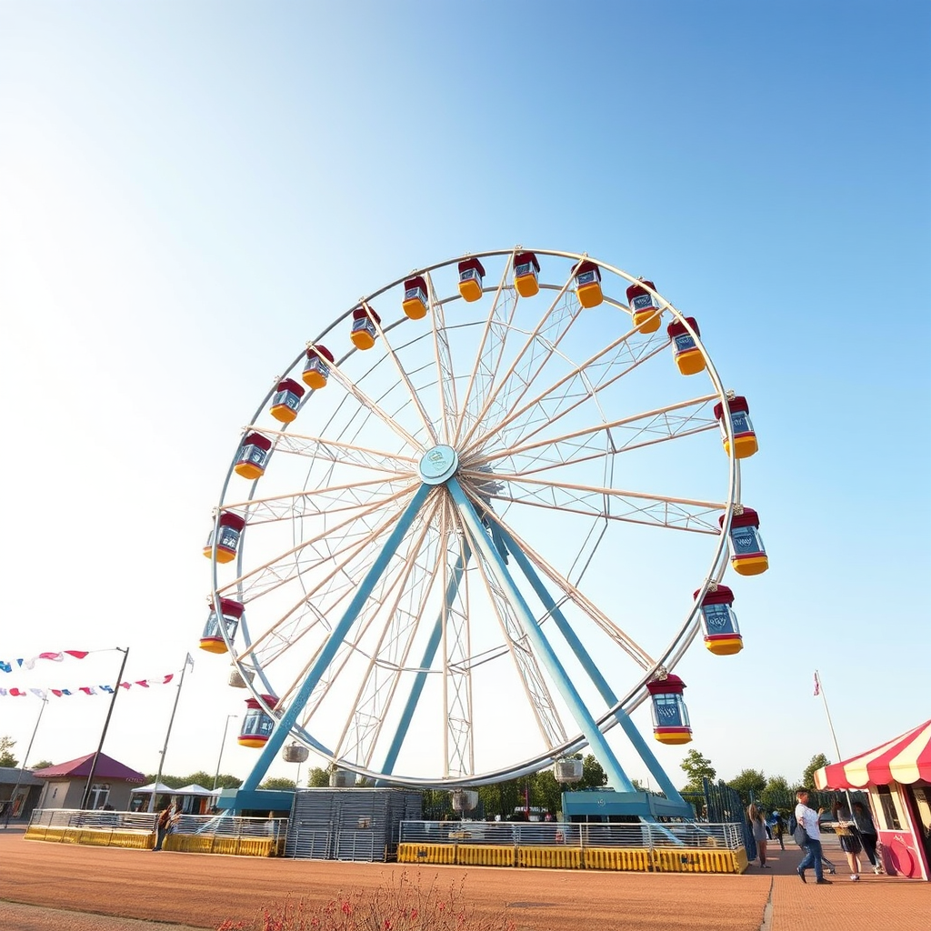 Create a detailed illustration of a large Ferris wheel, captured in a high-resolution format with a 50mm lens at f/8 aperture, ISO 100, with a wide-angle view and vibrant colors, showcasing the intricate design of the wheel and its surrounding environment in soft daylight.