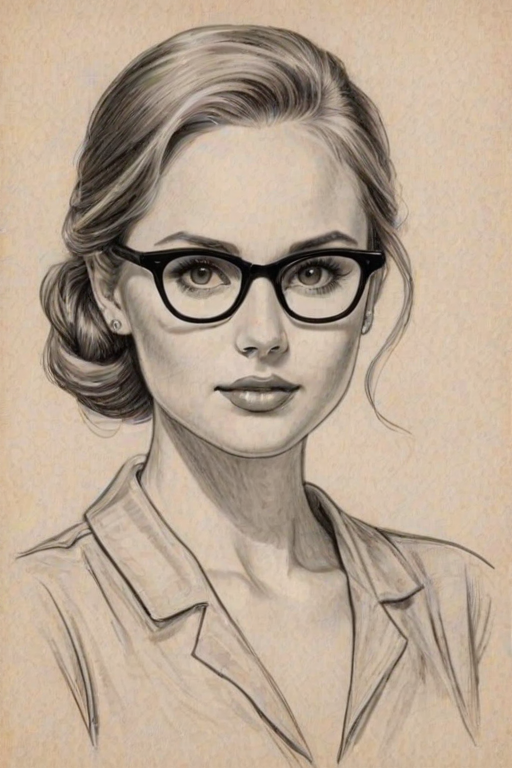 Beauteous Meaghan Martin, pencil sketch, portrait of Appealing woman 1950s in glasses, hair style beatnik, outline, clear lines, fine lines, 8k