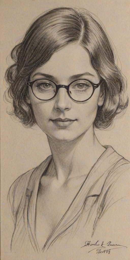 Lovely Brooke L. Thomas, pencil sketch, portrait of Splendid woman 1923s in glasses, hair style beatnik, outline, clear lines, fine lines, 8k
