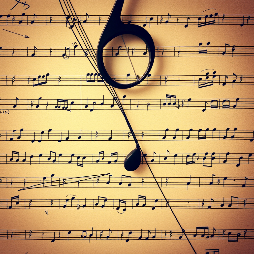 abstract composition of music notation with overlapping lines and notes in sepia tones, captured with a DSLR camera, ISO 200, aperture f/8, shutter speed 1/125s, top-down view, soft focus style for a vintage effect