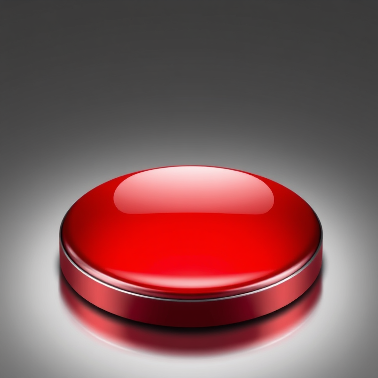 Create a high-resolution illustration of a glossy red button with a metallic silver border, using a DSLR camera, aperture f/2.8, ISO 100, 50mm lens, top-down view, soft lighting to enhance reflections and details.