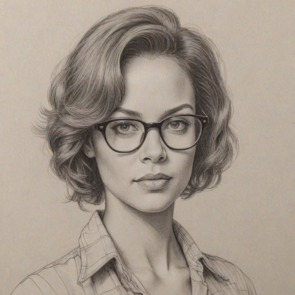 Exquisite Tammy Townsend, pencil sketch, portrait of Sublime woman 1974s in glasses, hair style beatnik, outline, clear lines, fine lines, 8k