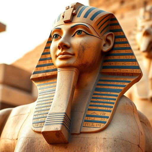 Create an image of an ancient Egyptian sphinx with detailed hieroglyphics and vibrant colors, captured using a DSLR camera with a 50mm lens, f/2.8 aperture, ISO 100, in a soft natural light setting, showcasing a close-up perspective with a shallow depth of field.