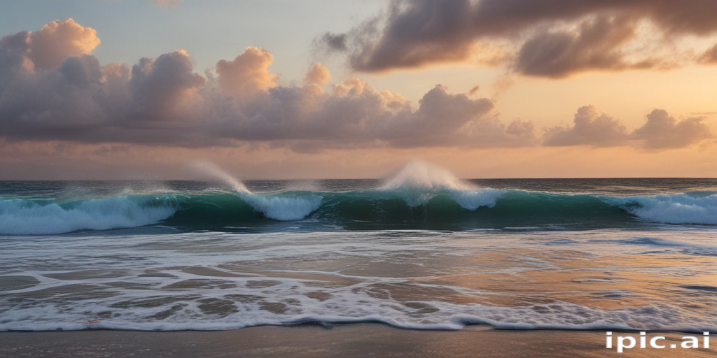 Majestic Ocean Waves Crashing Against Shore Under Dramatic Sunset Skies