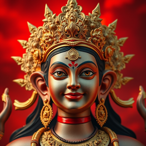 Regenerate the image of a multi-faced deity with intricate golden crowns, dramatic red and orange background, using a DSLR camera with a 50mm lens, f/1.8 aperture, ISO 100, and 1/200 sec shutter speed for sharp focus and vibrant colors.