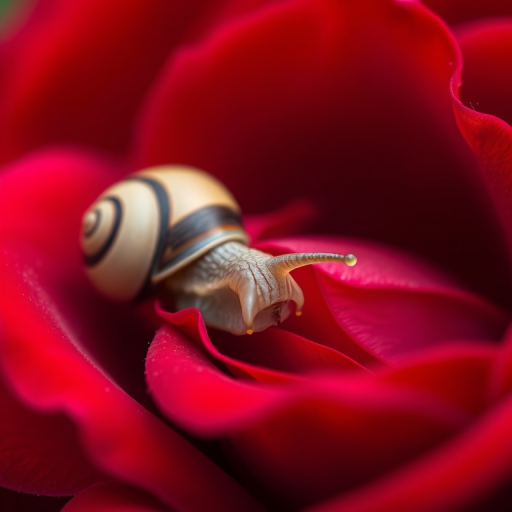 Close-up of a snail on a vibrant red rose, shallow depth of field, f/2.8 aperture, 100mm macro lens, natural light, soft focus background, DSLR camera.