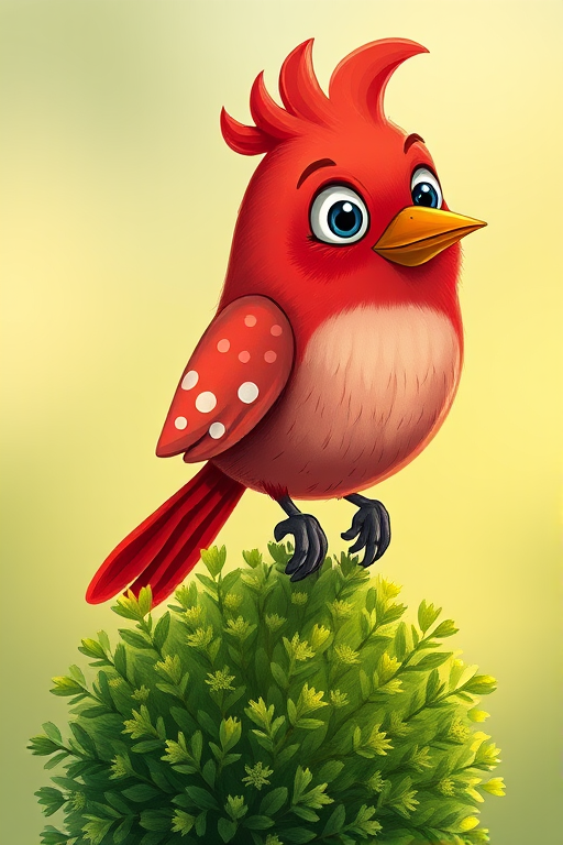 Create a vibrant illustration of a whimsical red bird with polka dots and exaggerated features perched on a small green bush, using a DSLR camera setup with an aperture of f/2.8, ISO 100, and a focal length of 50mm, shot in natural light from a slightly elevated angle for dynamic composition.